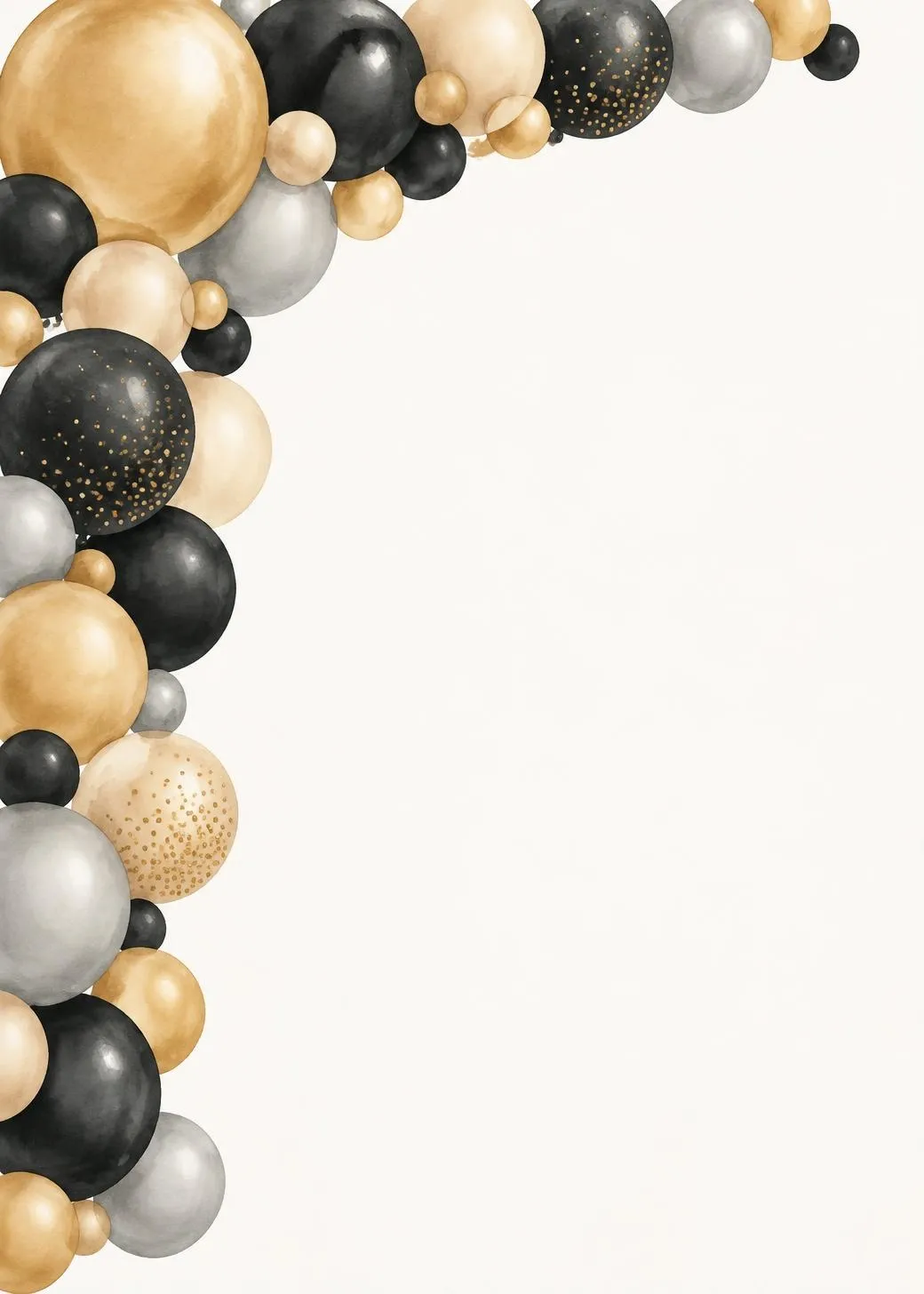 Milestone birthday invitation with a watercolor garland of black, gold and silver balloons down the left side and across the top