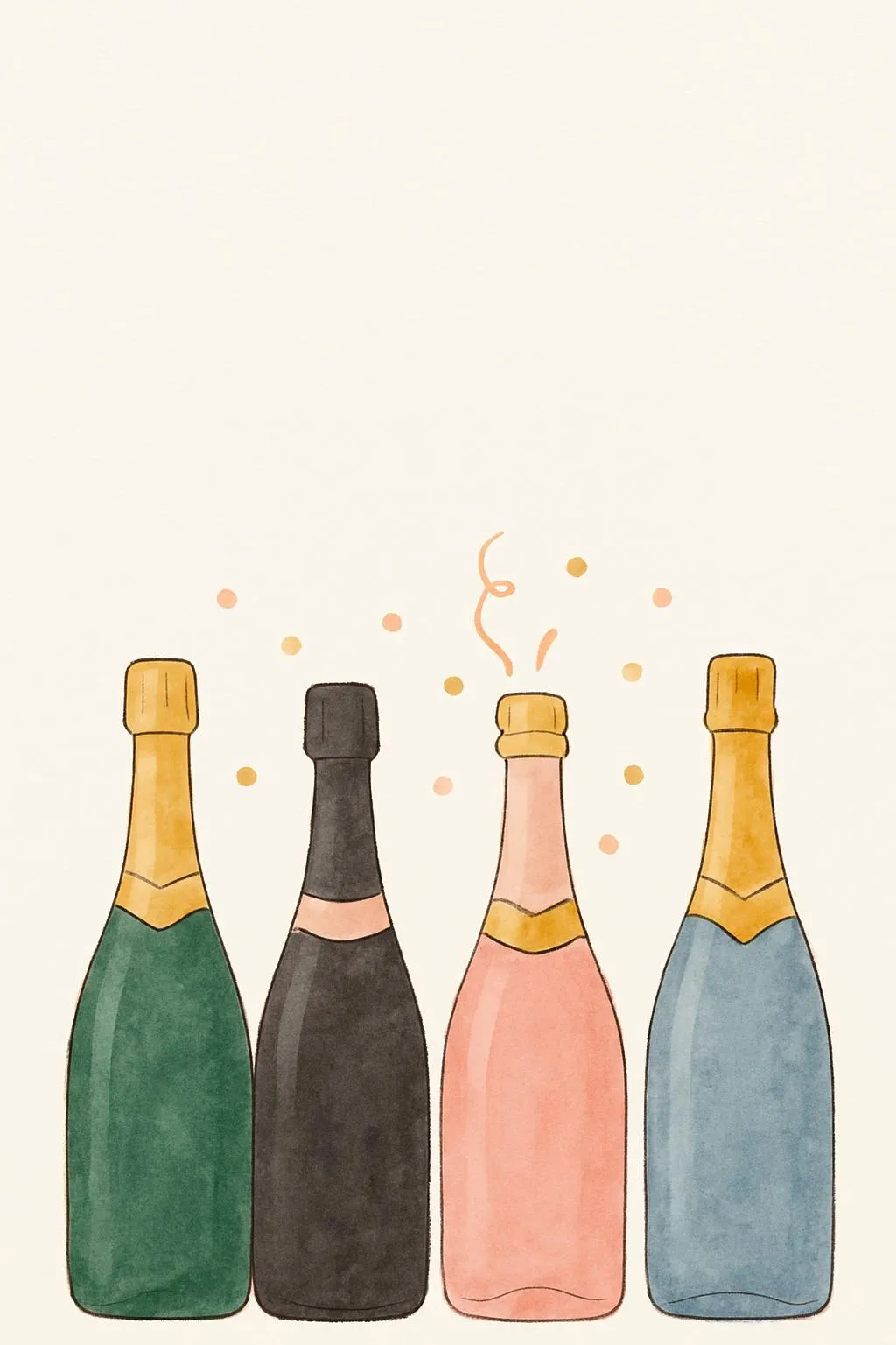 Birthday party invitation with four watercolor champagne bottles in green, black, pink and blue, with gold confetti