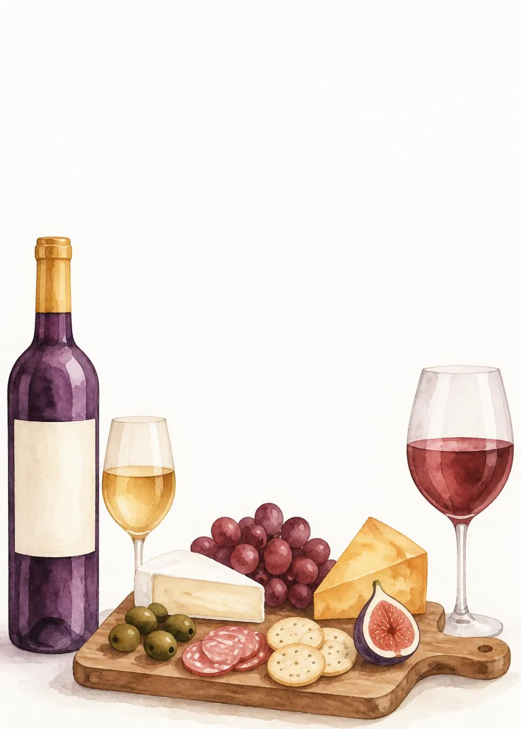 Birthday invitation with a watercolor charcuterie board of cheeses, grapes, olives, salami and crackers beside red wine and two glasses