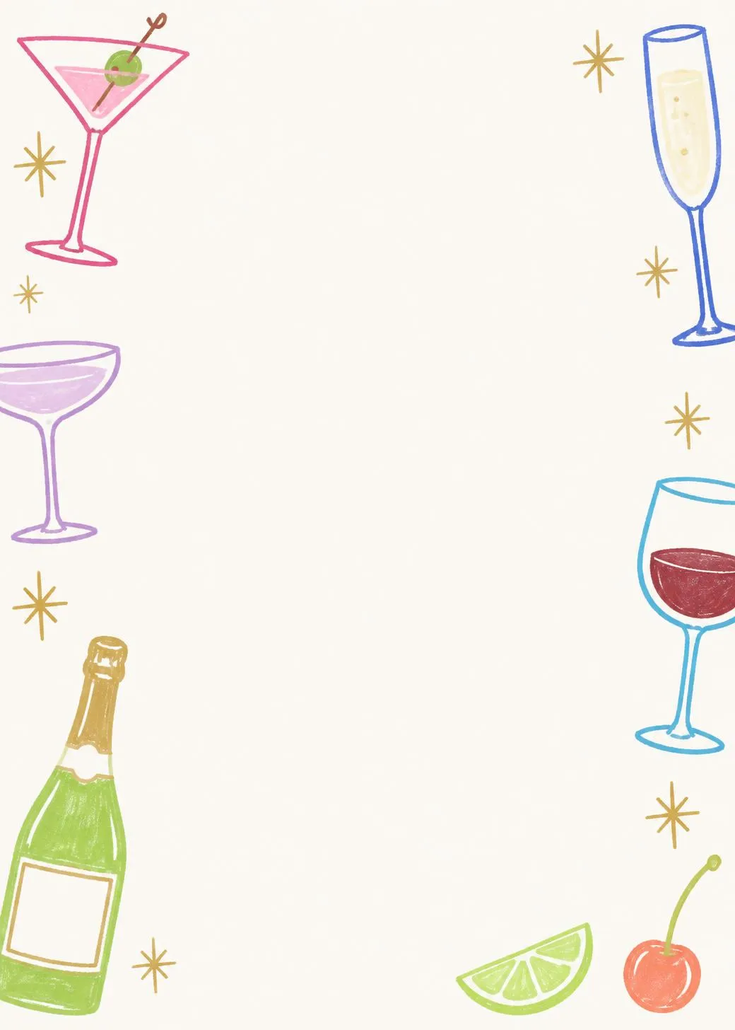 Cocktail party invitation framed by hand-drawn martini, coupe and wine glasses, a champagne flute and bottle, a lime and a cherry