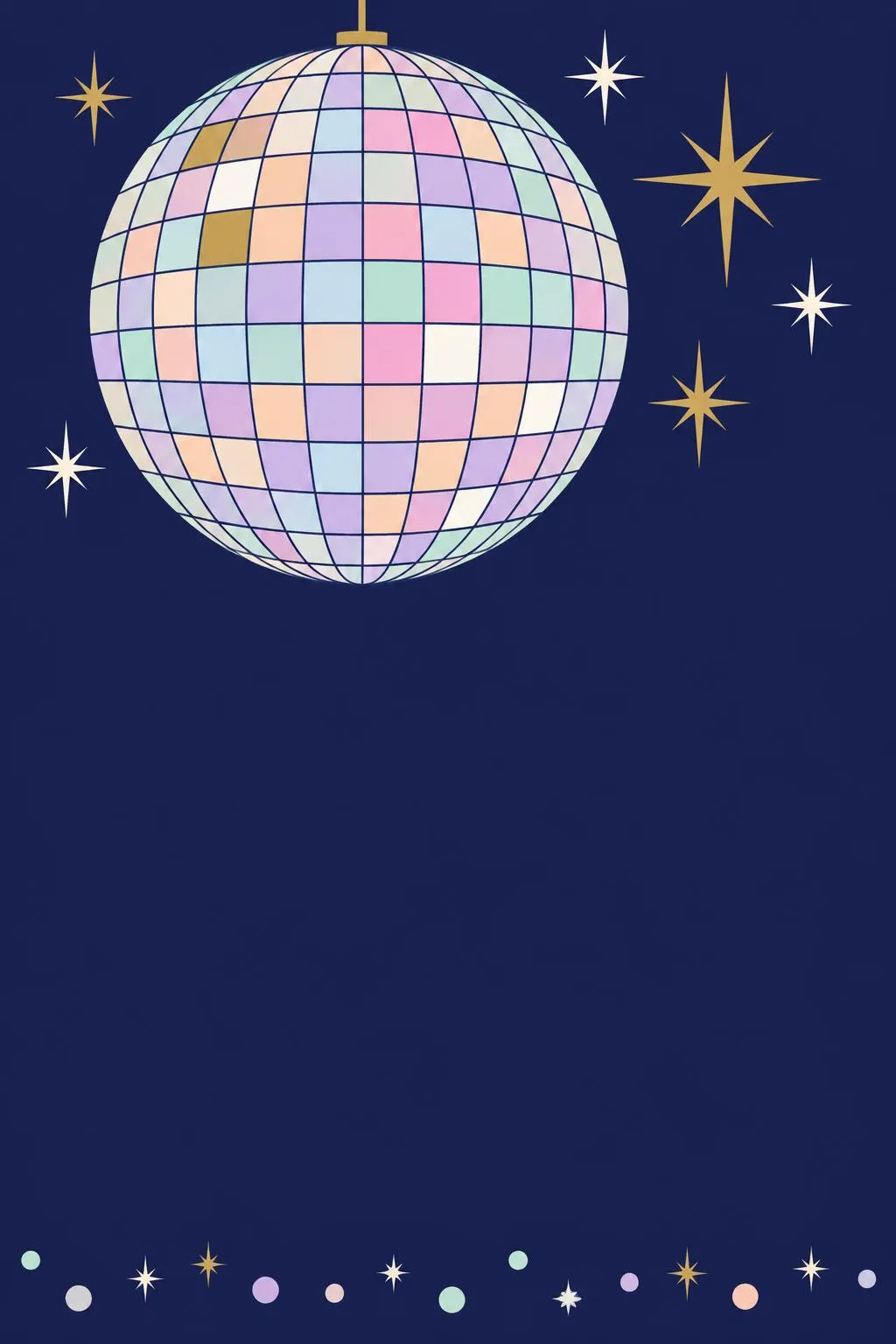 1970s disco party invitation with a pastel mirror ball and white and gold sparkles on deep navy