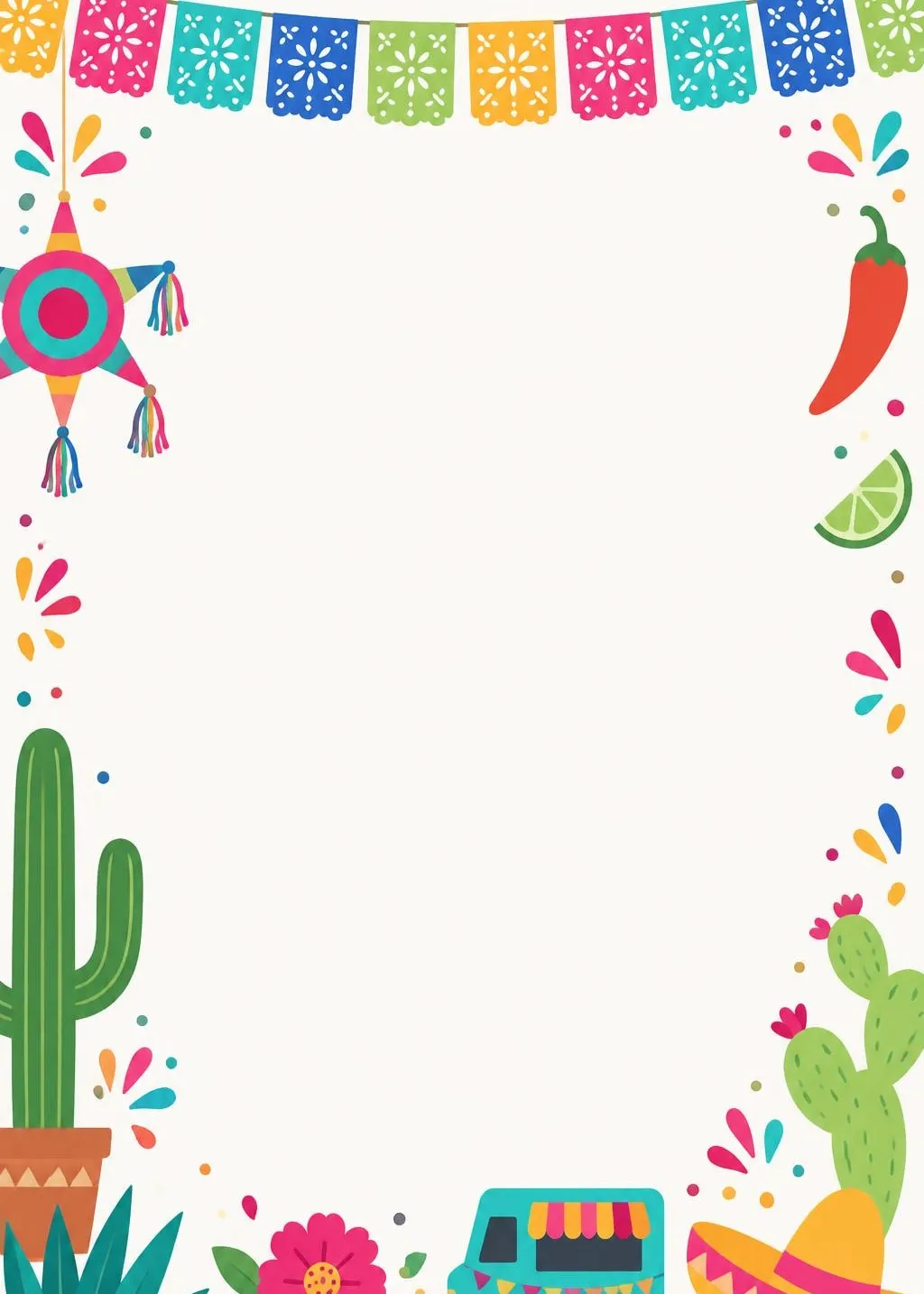 Fiesta party invitation framed by papel picado banners, a piñata, cacti, chili peppers, a sombrero and a taco truck