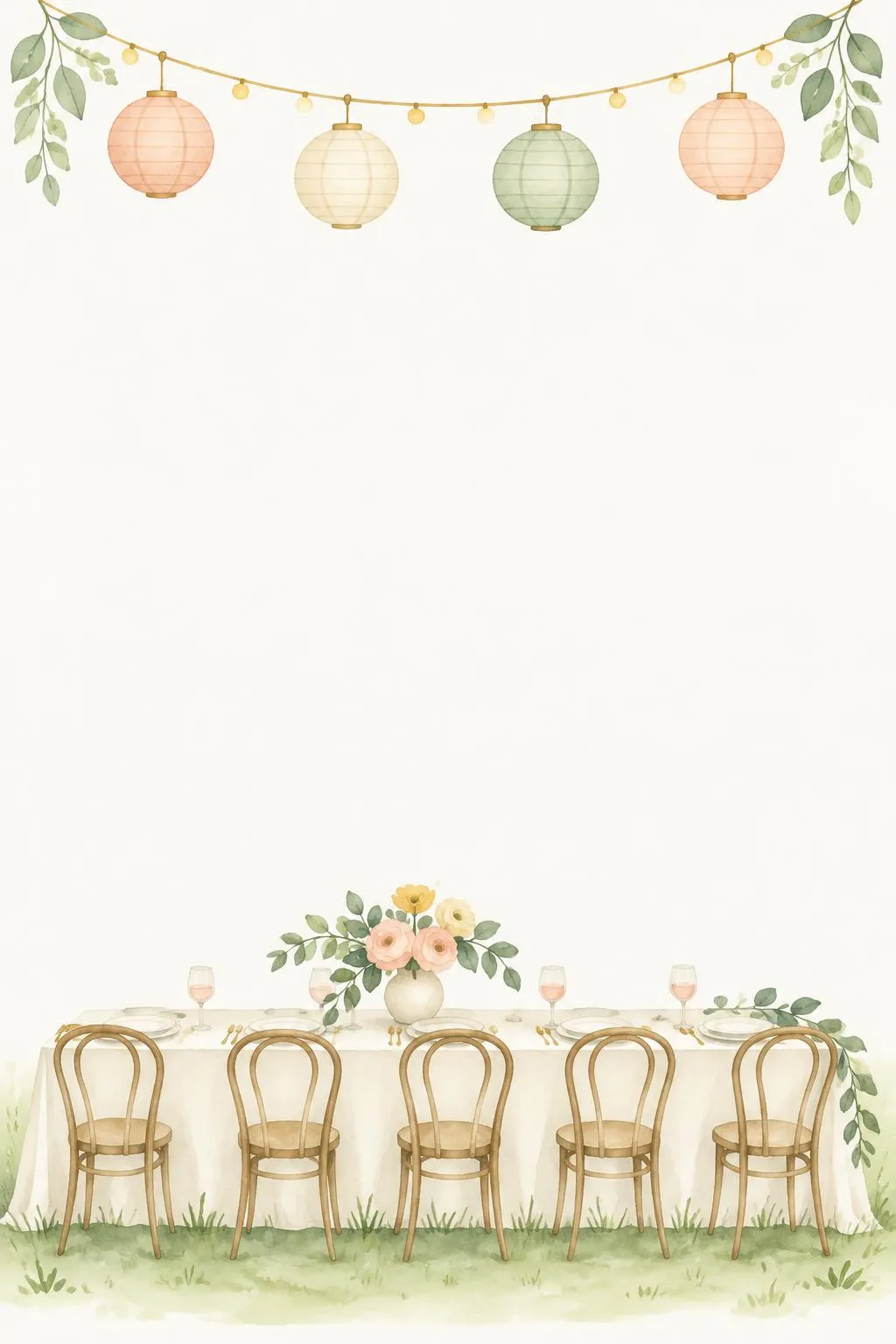 Garden party invitation with watercolor paper lanterns and string lights above, and a long dinner table with bentwood chairs on the grass below