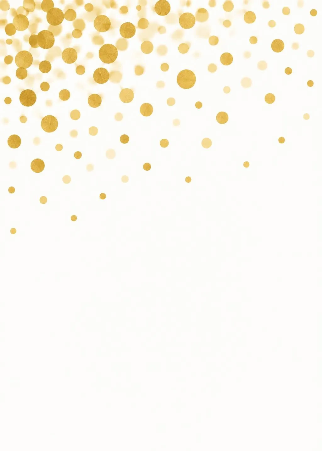 Elegant birthday invitation with gold foil confetti dots raining from the top on white