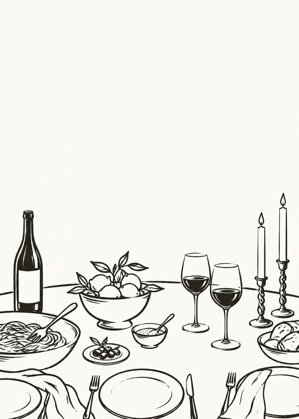 Dinner party birthday invitation with a black ink drawing of a set table: wine, candlesticks, pasta, bread and plates