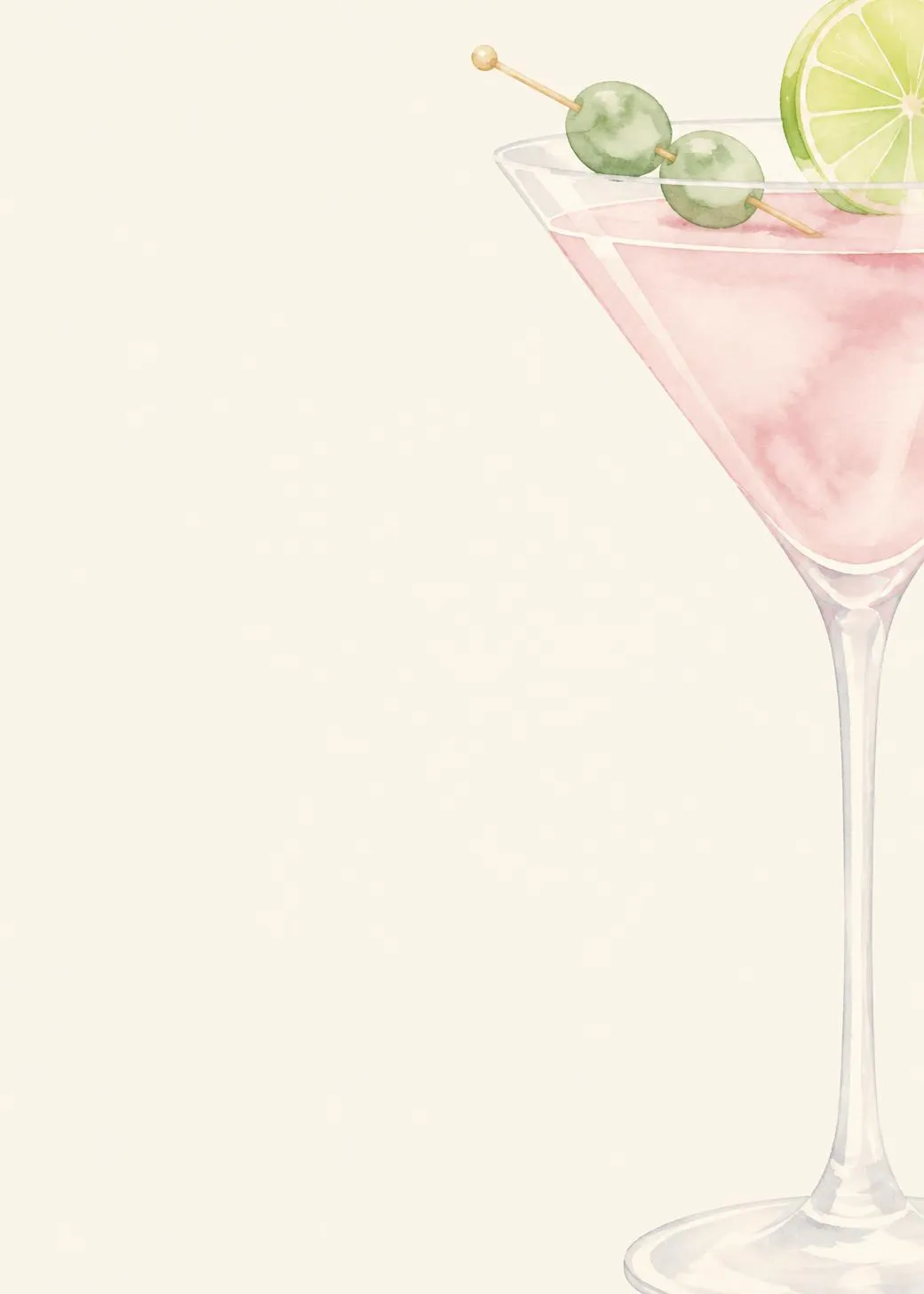 Birthday invitation with an oversized watercolor pink martini, two green olives on a pick and a lime wheel, standing at the right edge