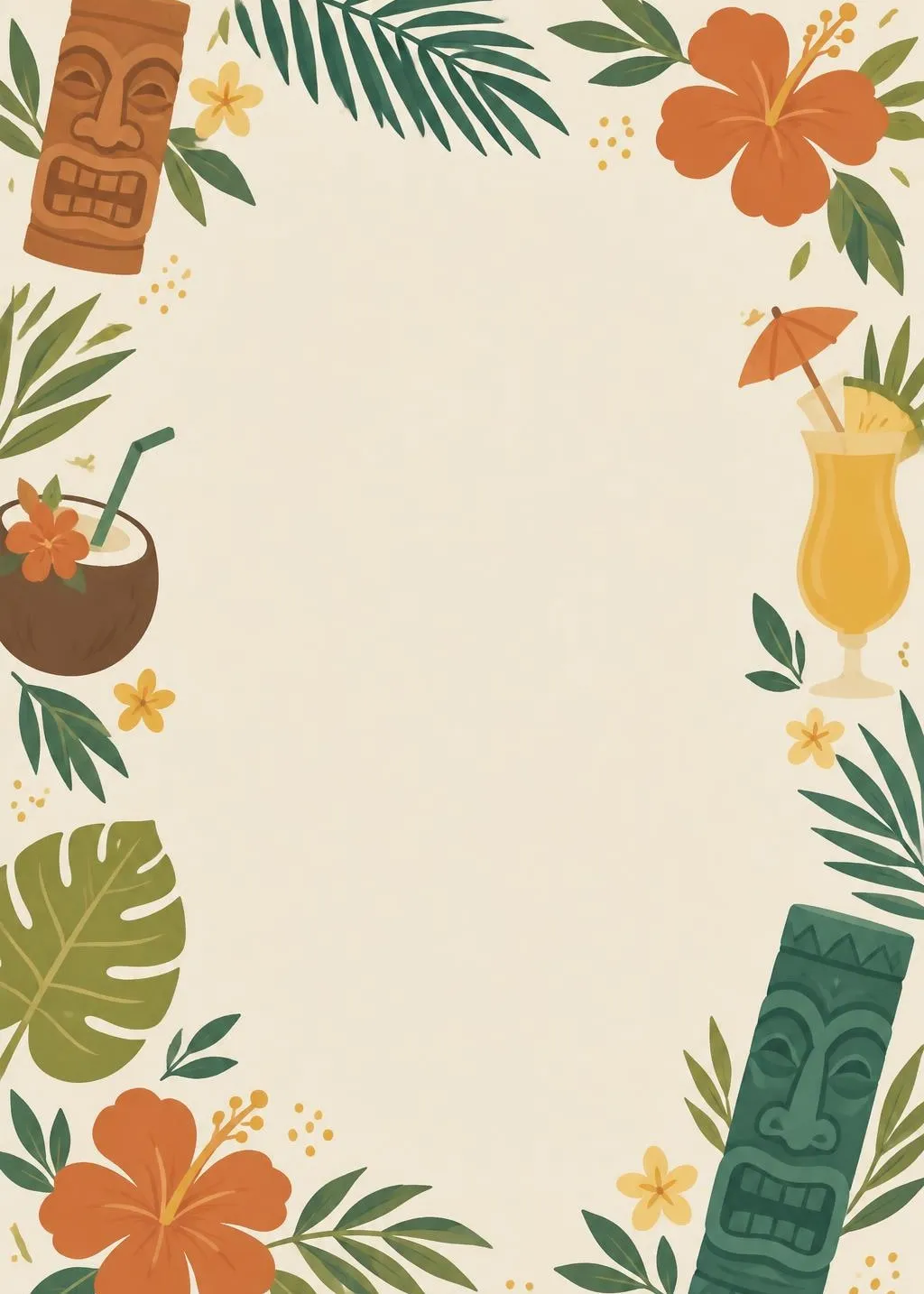 Tropical luau invitation framed by tiki statues, a coconut drink, a hurricane cocktail, orange hibiscus, plumeria and palm leaves