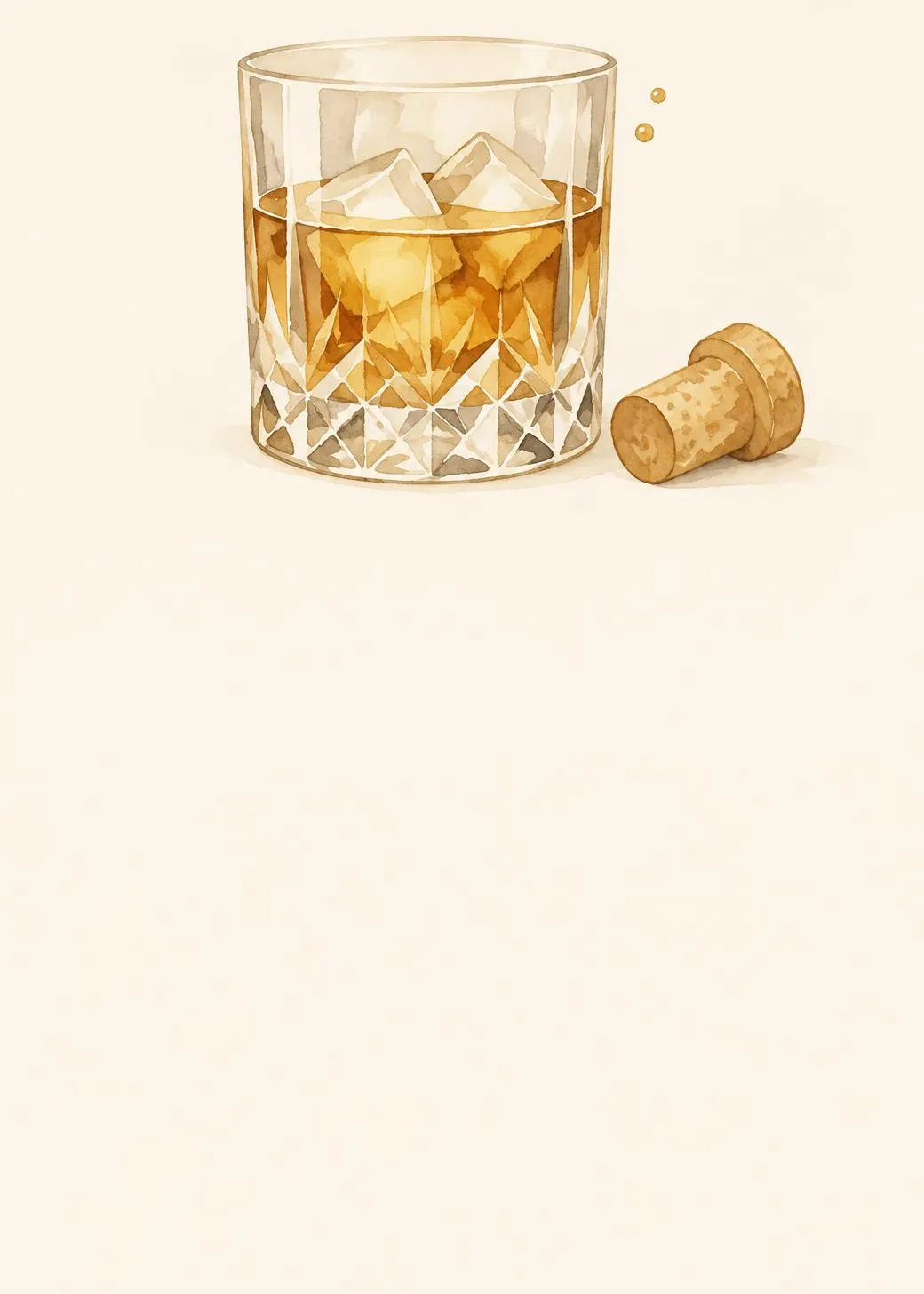 Birthday invitation with a watercolor cut-crystal glass of whiskey on ice and a cork at the top on warm cream