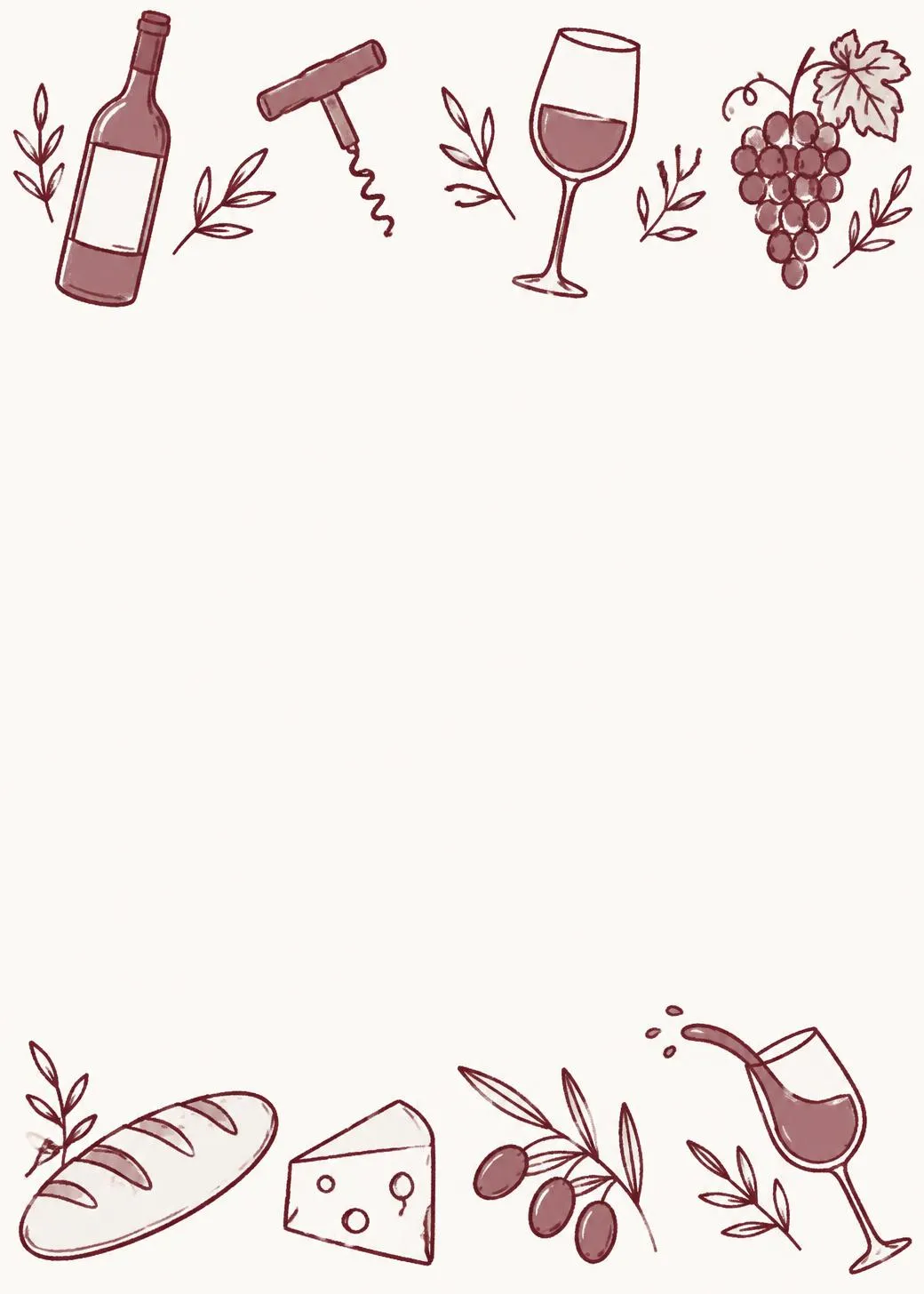 Wine party invitation sketched in red ink: a wine bottle, corkscrew, glass and grapes above, bread, cheese, olives and a pouring glass below