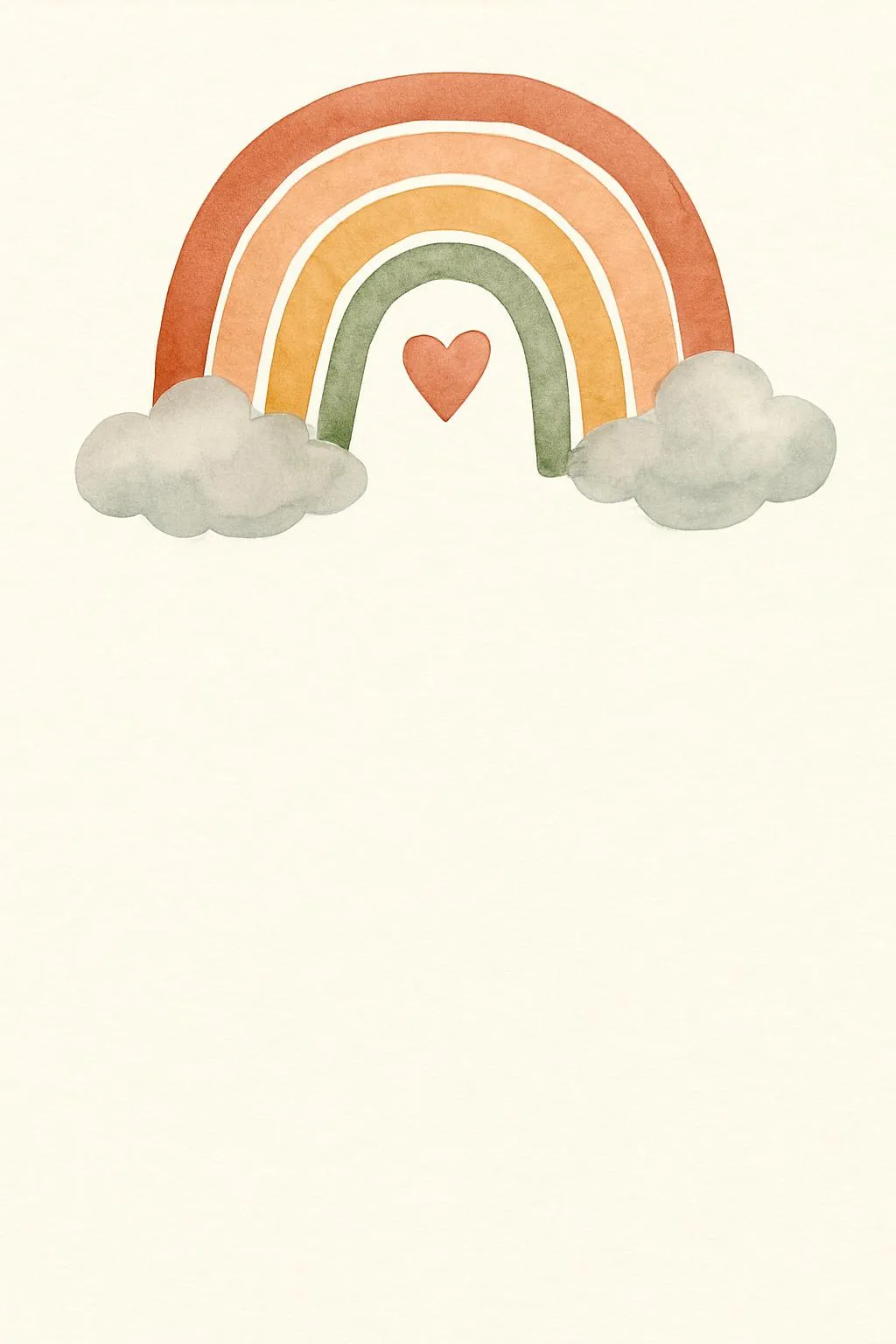 Boho baby shower invitation with a muted watercolor rainbow, a small heart and clouds