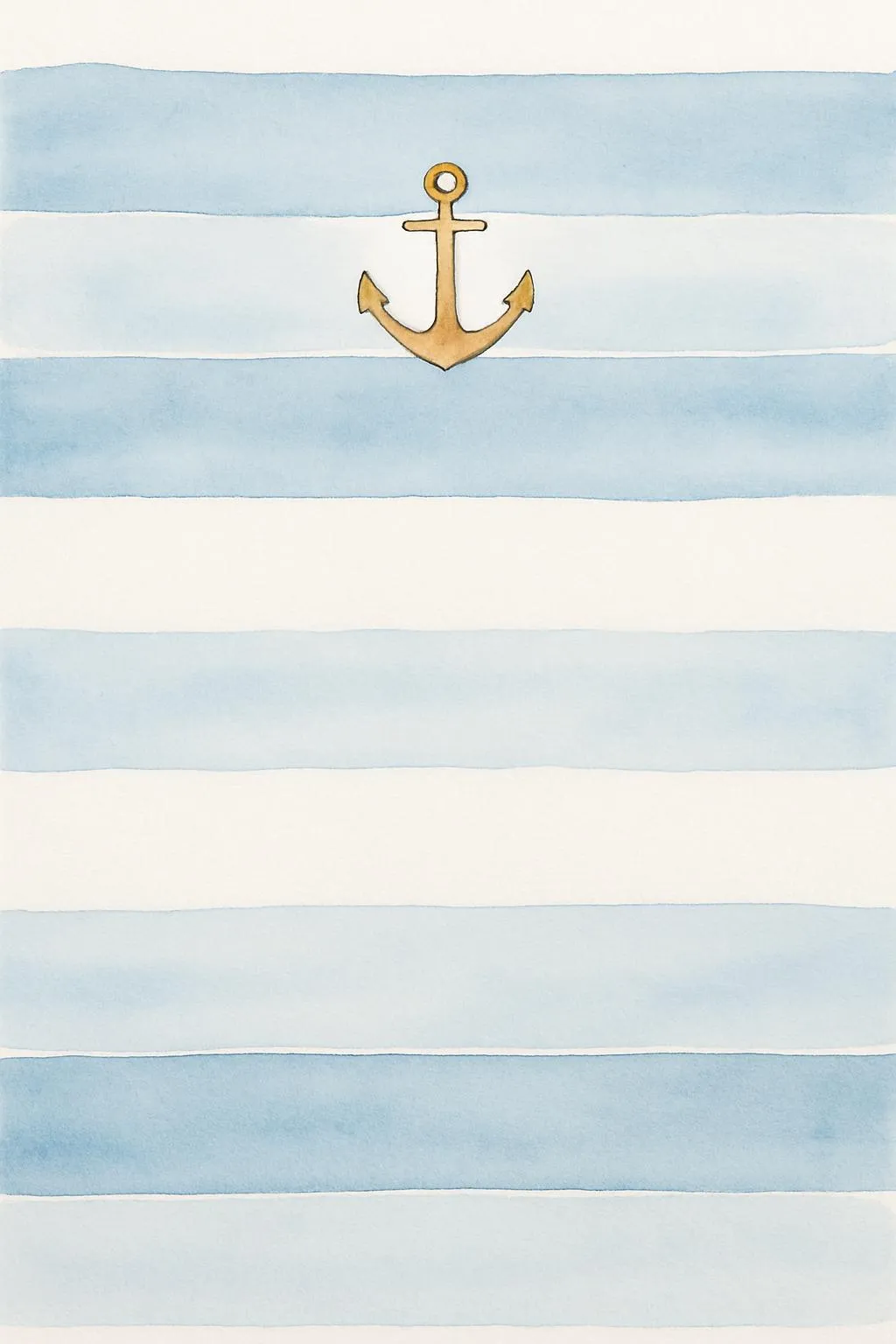 Nautical baby shower invitation with soft blue watercolor stripes and a small gold anchor