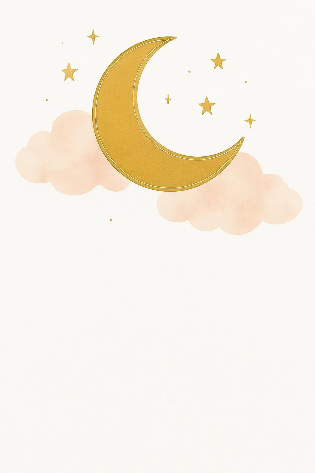 Baby shower invitation with a gold crescent moon, small stars and pink watercolor clouds