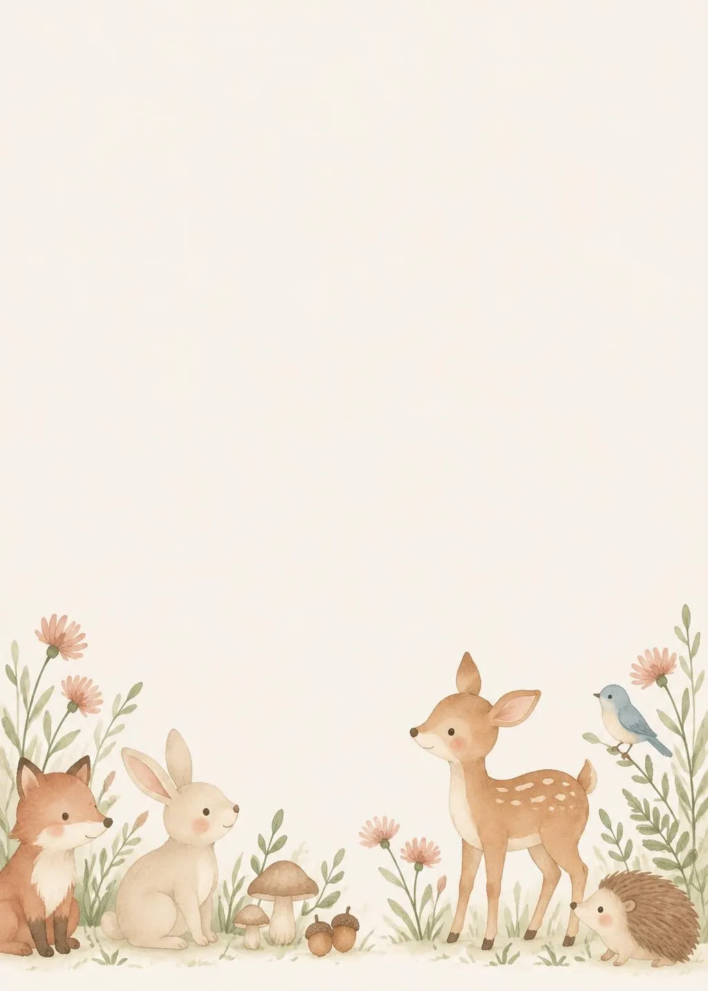 Woodland baby shower invitation with a watercolor fox, rabbit, fawn, hedgehog and bluebird among wildflowers and mushrooms along the bottom