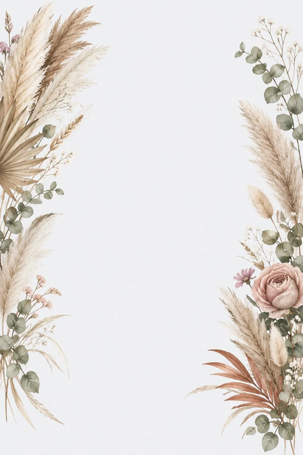 Boho bridal shower invitation with dried pampas grass, eucalyptus and dusty roses rising up both sides on pale grey