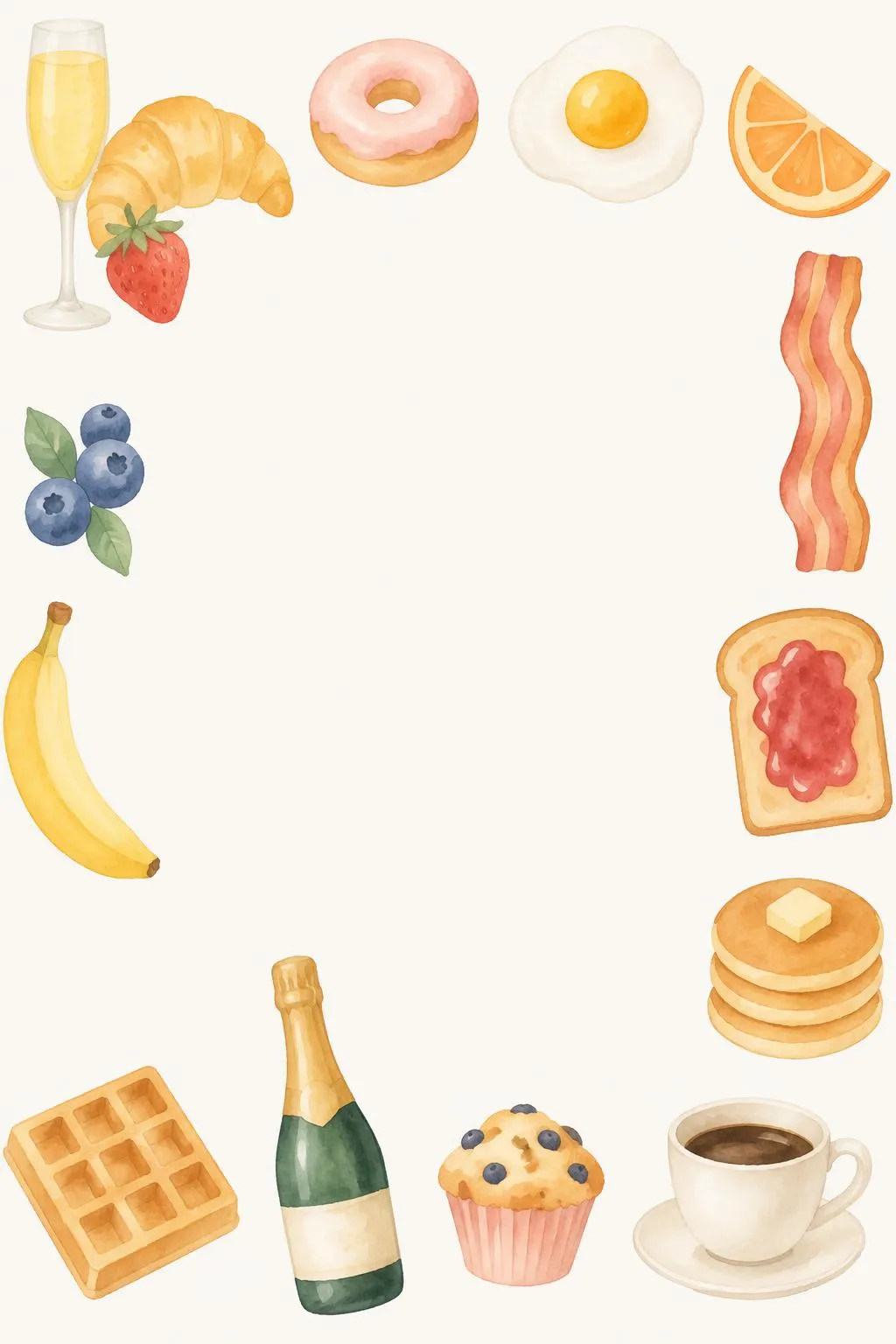 Brunch bridal shower invitation framed by a mimosa, croissant, fried egg, bacon, pancakes, a waffle, champagne, a muffin and coffee