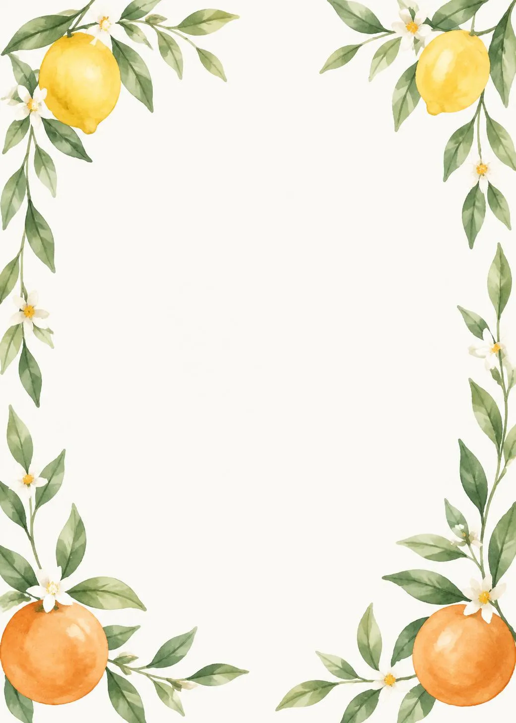 Citrus bridal shower invitation framed by watercolor lemon and orange branches with white blossoms and green leaves