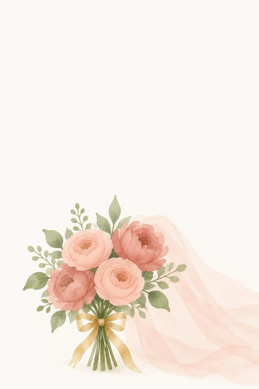 Bridal shower invitation with a watercolor bouquet of peach and rose peonies tied with a gold bow, and a sheer blush veil sweeping to the right