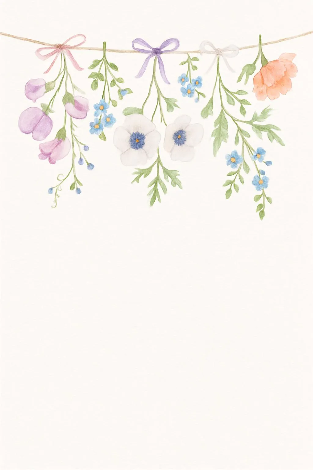 Bridal shower invitation with a garland of hanging watercolor wildflowers and ribbons along the top