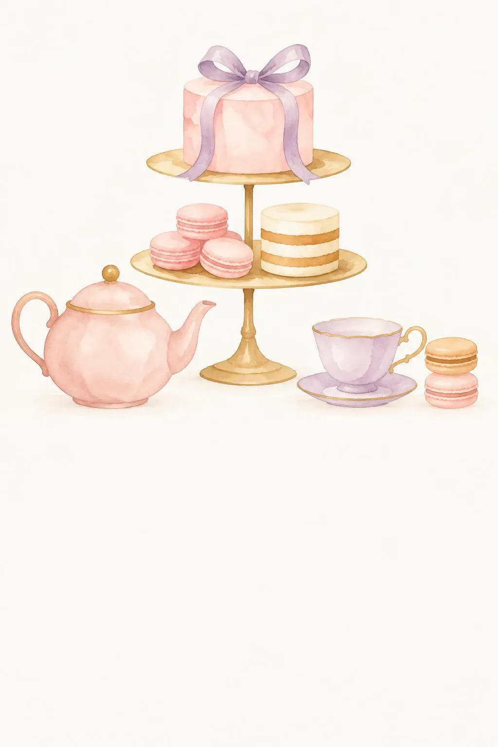 Tea party bridal shower invitation with a pink cake tied with a lilac bow on a tiered stand, macarons, a teapot and a teacup