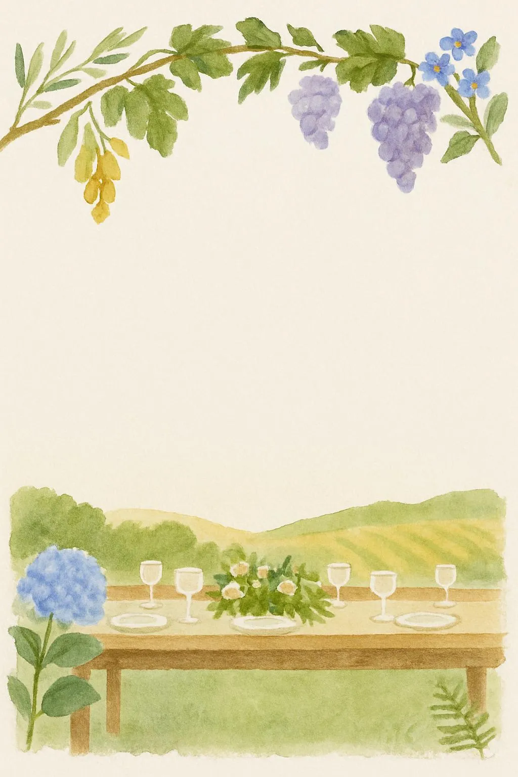 Al fresco dinner party invitation with watercolor grapevines above and a long outdoor table among green hills below