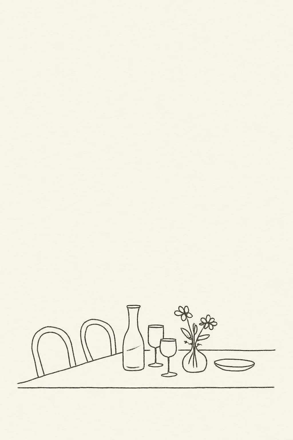 Dinner party invitation with a minimal ink drawing of a set table with chairs, a bottle, glasses and a vase of flowers