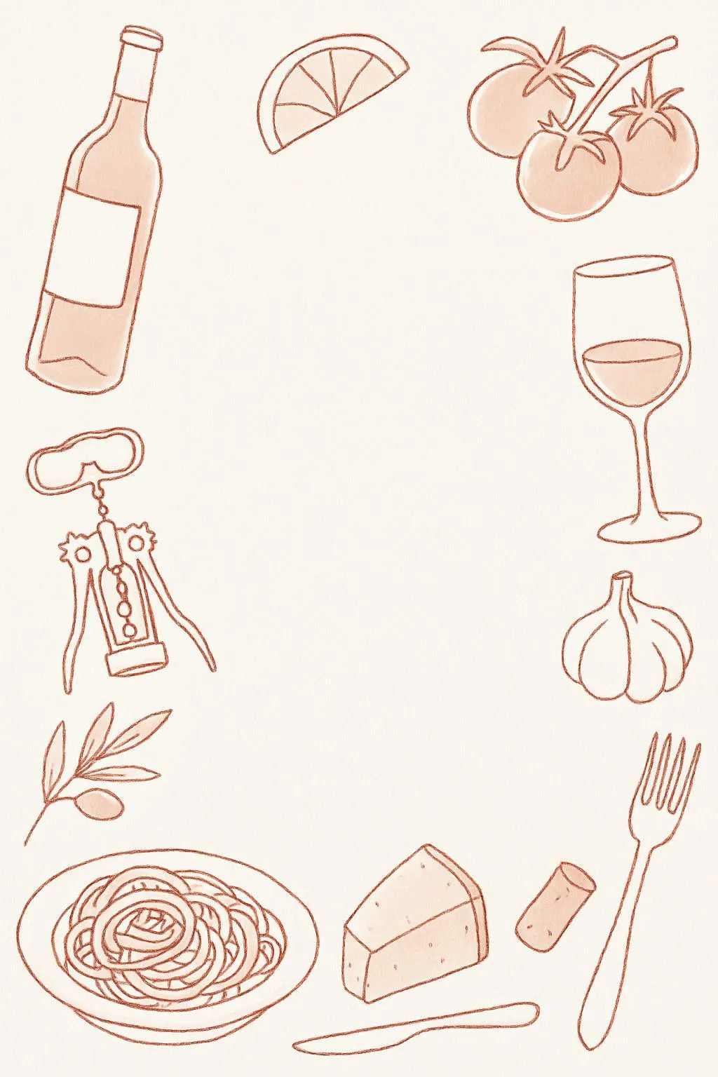 Italian dinner invitation framed by terracotta line drawings of wine, tomatoes, garlic, cheese and a plate of spaghetti