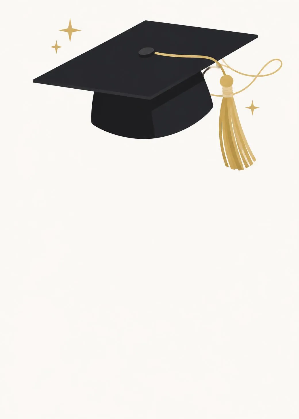 Graduation party invitation with a large black graduation cap, its gold tassel trailing a looping gold flourish, and gold sparkles