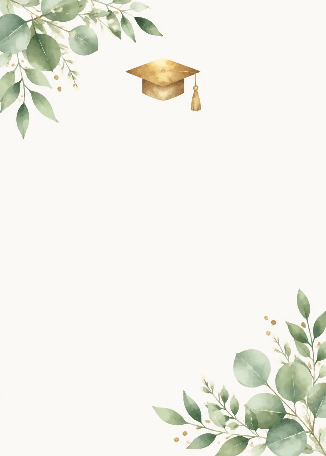 Graduation party invitation with a small gold graduation cap between watercolor eucalyptus greenery in two corners