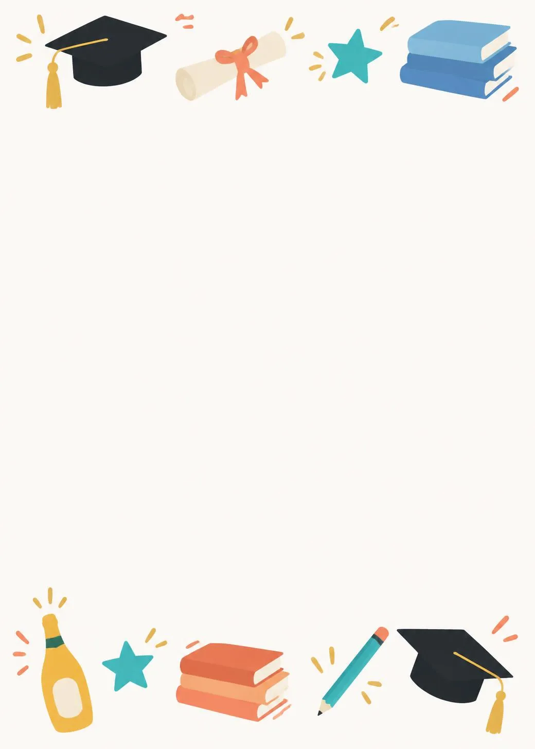 Graduation party invitation with colorful doodles of caps, a diploma, stars, books, a pencil and a champagne bottle along the top and bottom