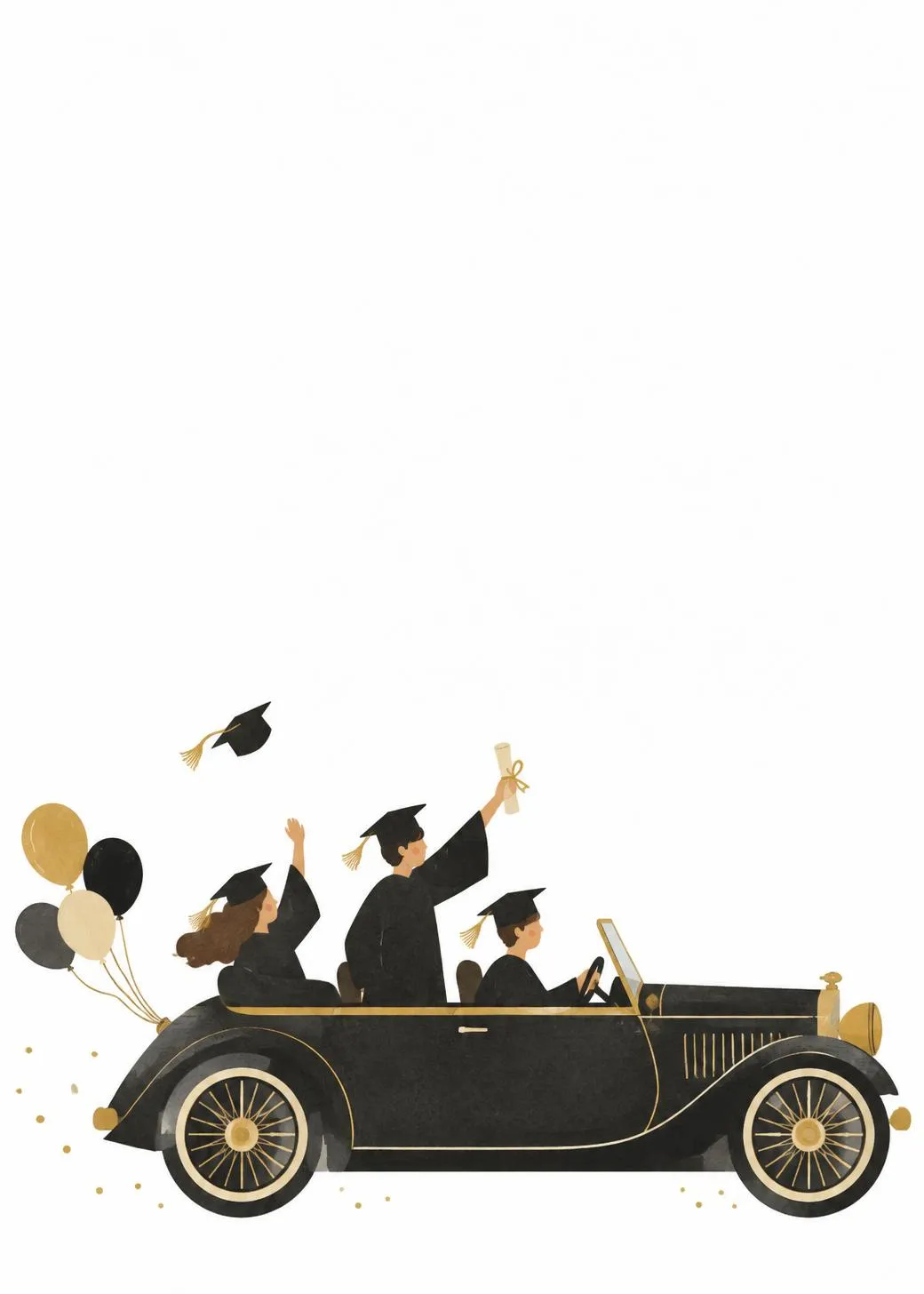 Graduation party invitation with three graduates in caps and gowns driving off in a black vintage car, balloons trailing
