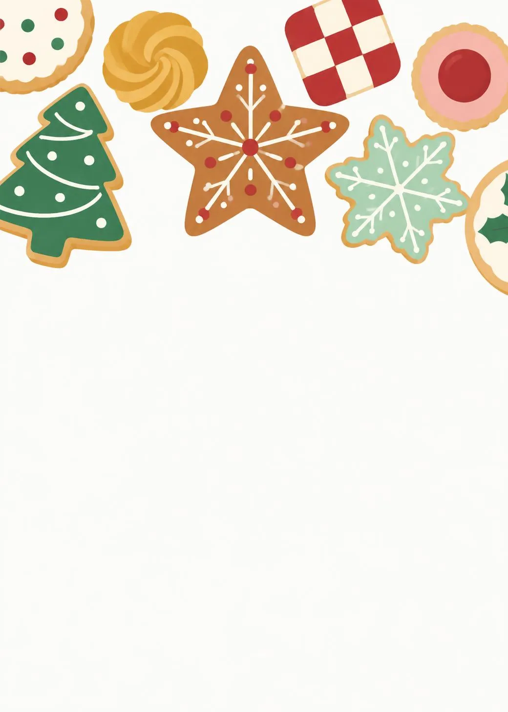 Christmas invitation with iced holiday cookies along the top: a gingerbread star, a tree, a snowflake and a checkerboard cookie