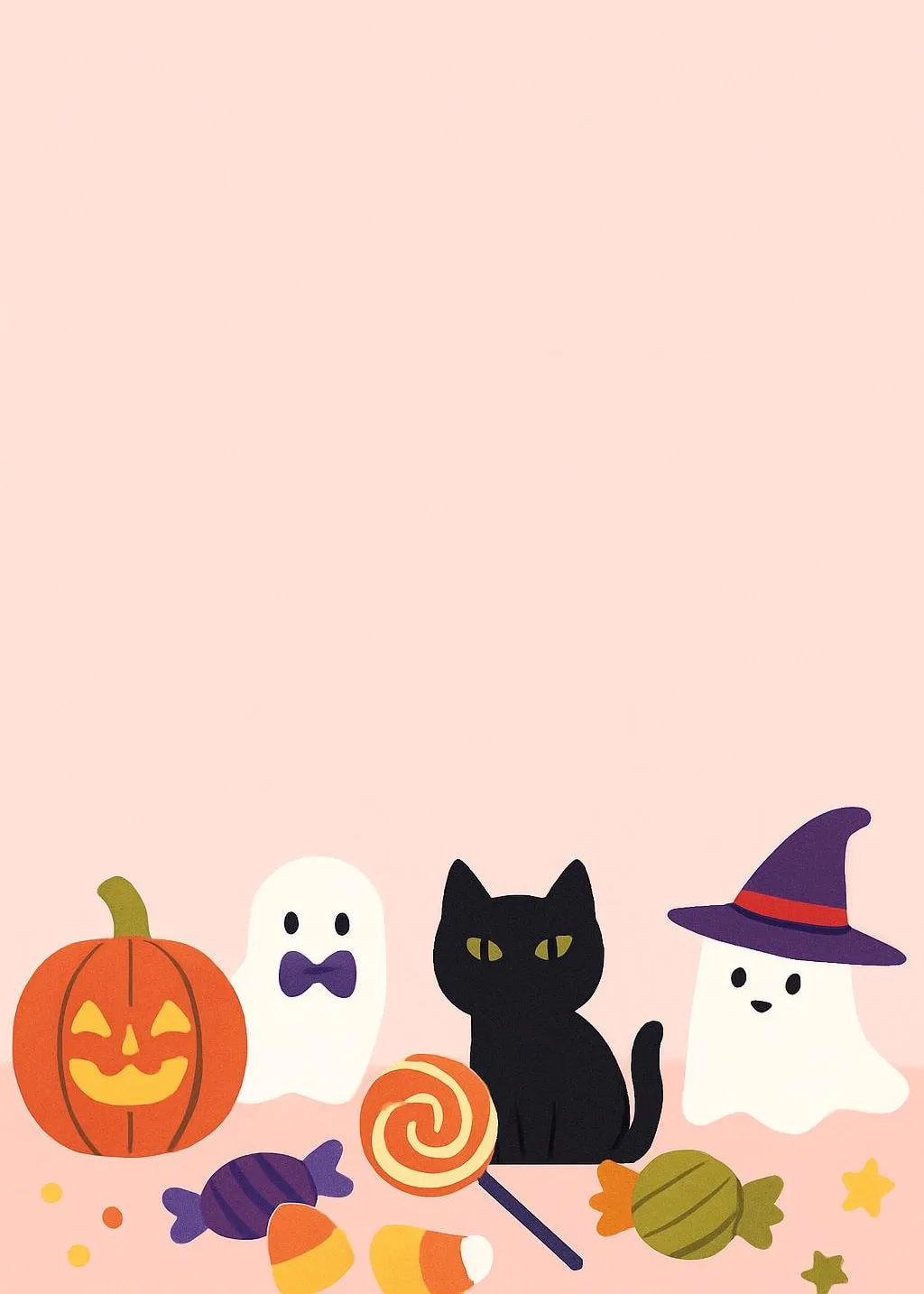 Halloween invitation with a jack-o’-lantern, ghosts, a black cat and candy along the bottom of a peach card