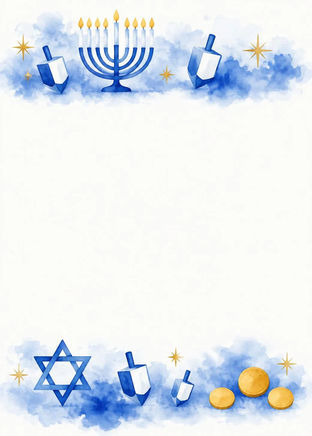 Hanukkah invitation with soft blue watercolor bands holding a menorah, dreidels, a Star of David and gold coins