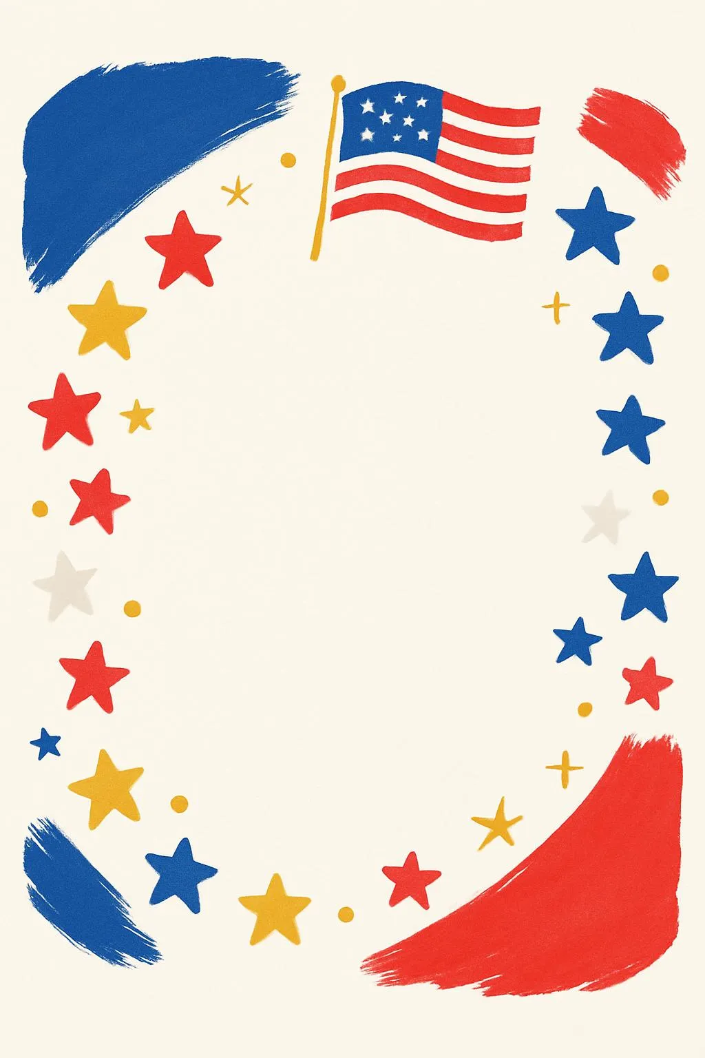 Fourth of July invitation with an American flag, red, white and blue stars and red and blue paint strokes