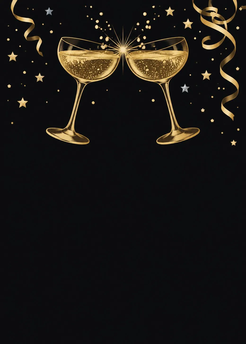 New Year's Eve invitation with two gold champagne coupes clinking under gold streamers on black
