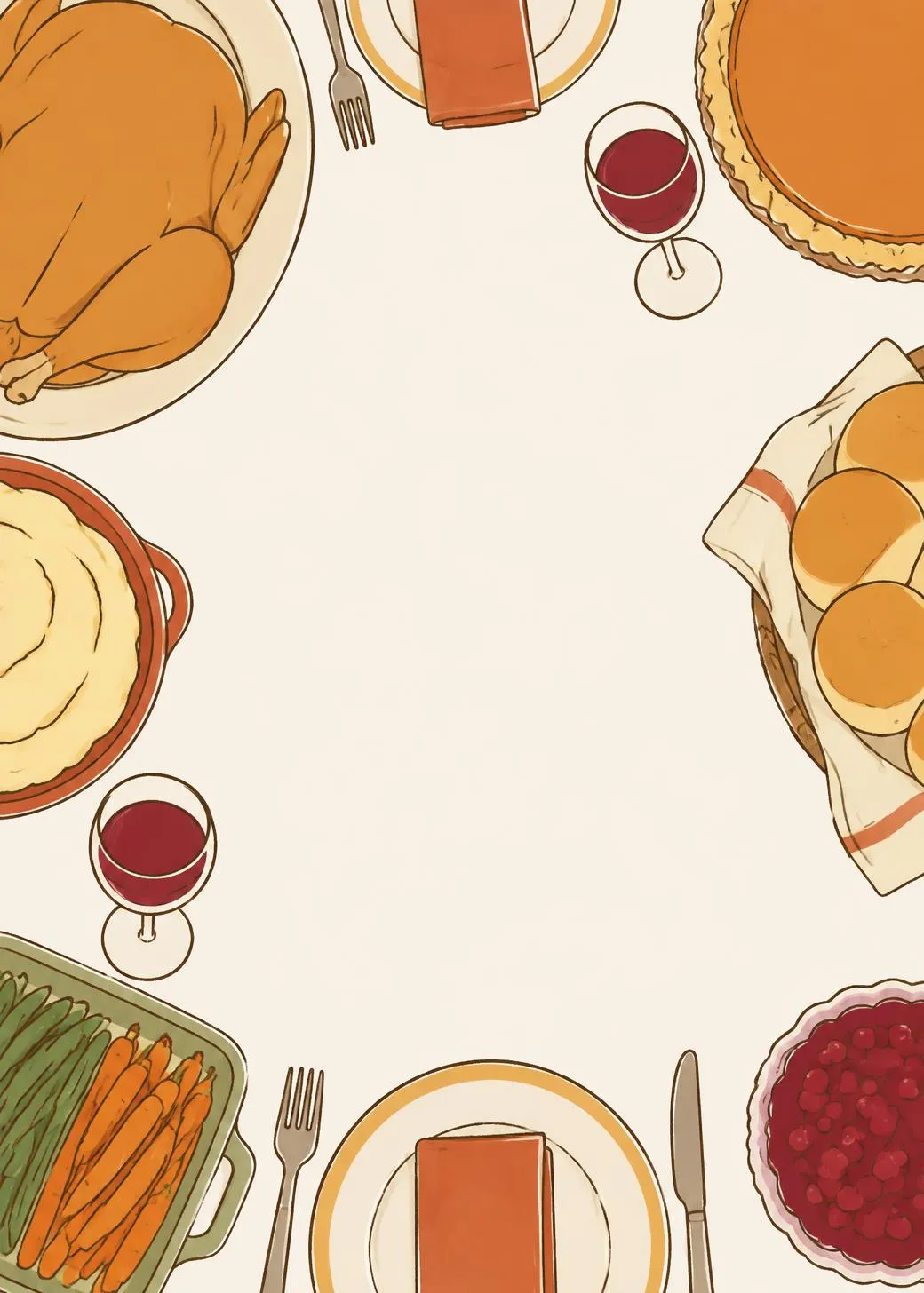 Friendsgiving invitation with a hand-drawn feast seen from above: roast turkey, pumpkin pie, rolls, cranberry sauce and red wine around the edges
