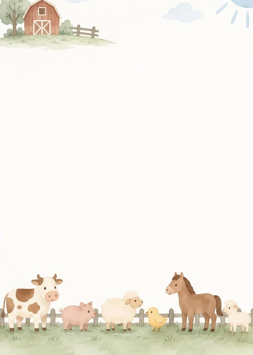 Kids birthday invitation with a watercolor red barn on a hill above, and a cow, pig, sheep, chick, horse and lamb by a picket fence below