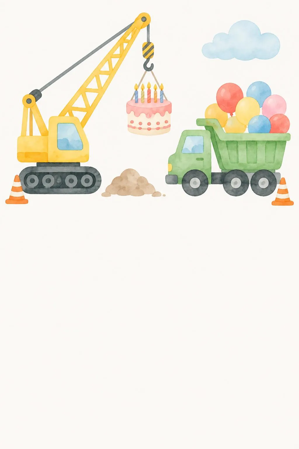 Construction birthday invitation with a watercolor crane lifting a birthday cake, a dump truck full of balloons and traffic cones