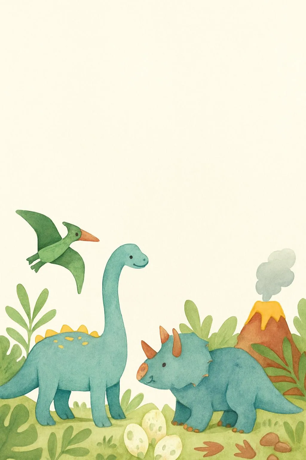 Dinosaur birthday invitation with a watercolor long-neck dinosaur, triceratops, pterodactyl and smoking volcano