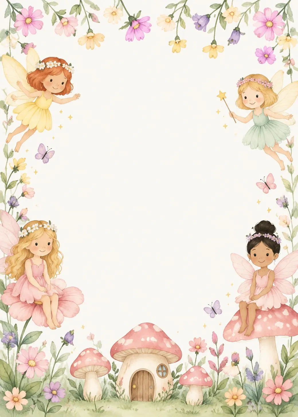 Fairy birthday invitation with four watercolor fairies among wildflowers, pink toadstools and a little toadstool house
