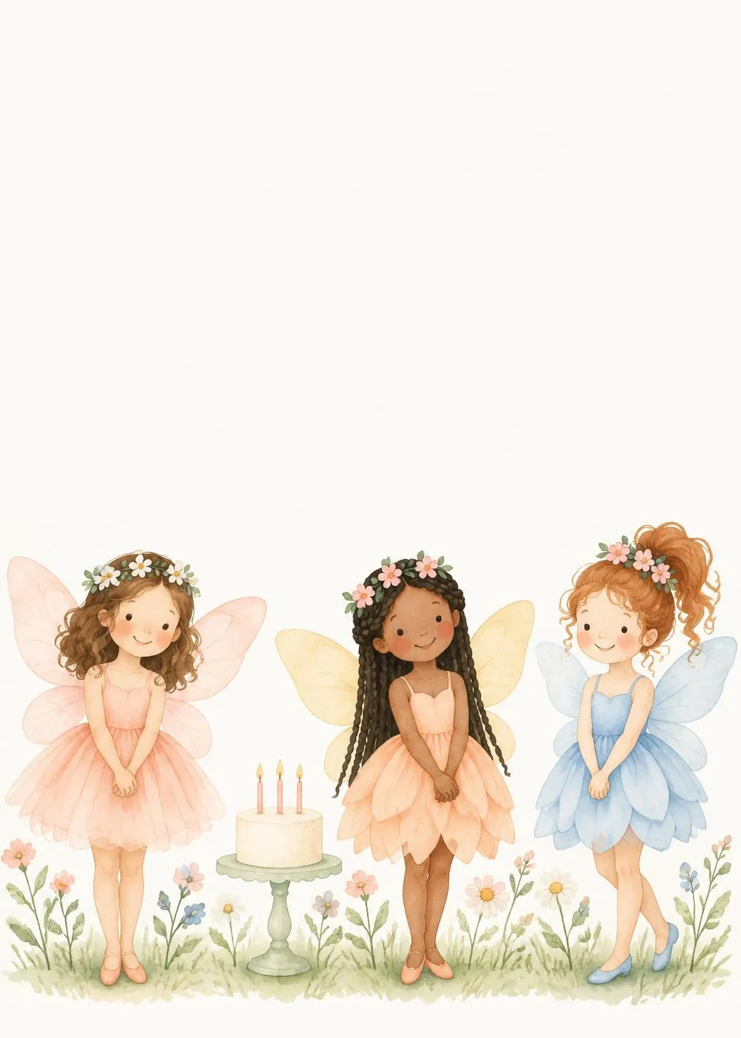 Fairy birthday invitation with three watercolor fairies in petal dresses beside a birthday cake among wildflowers