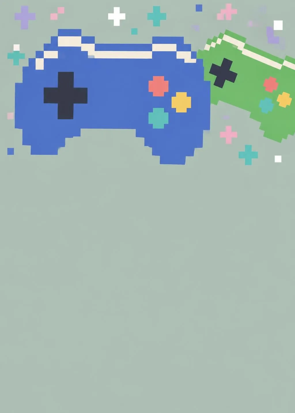 Video game birthday invitation with pixel-art blue and green game controllers and pixel sparkles on sage green
