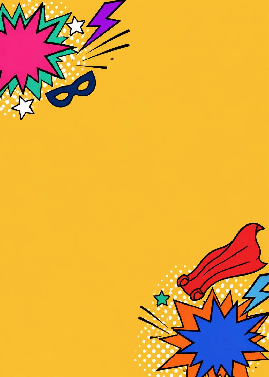 Comic book superhero birthday invitation with pop-art bursts, halftone dots, a mask and a red cape on golden yellow