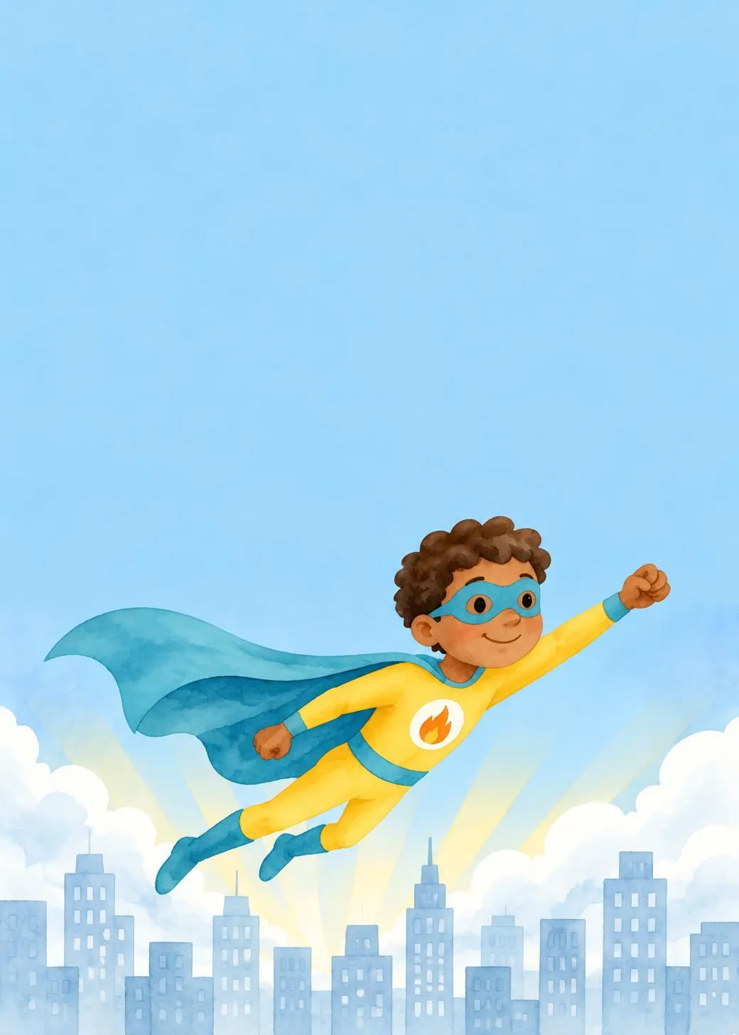 Superhero birthday invitation with a watercolor kid hero in a yellow suit and teal cape flying over a pale blue city skyline