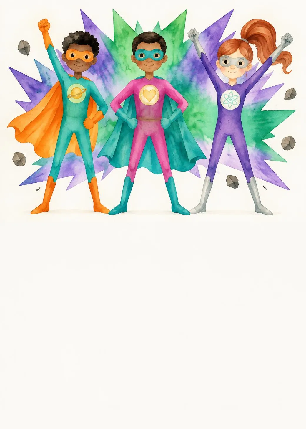 Superhero birthday invitation with three watercolor kid heroes in masks and capes before a green and purple comic burst