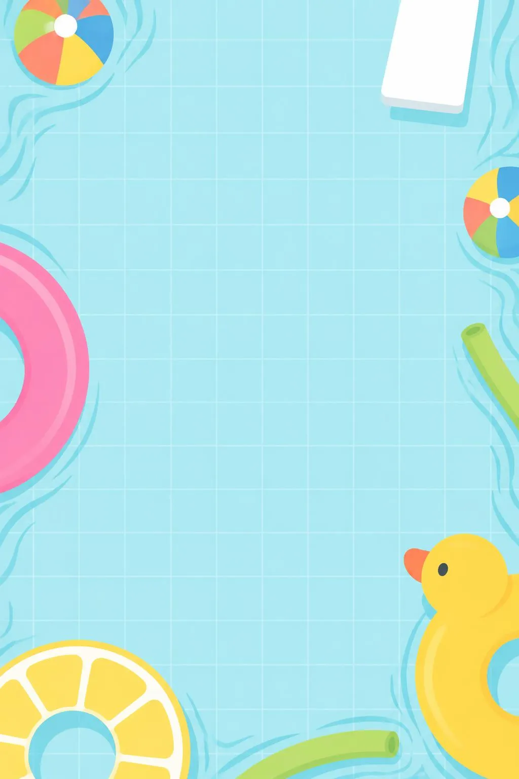 Pool party invitation on aqua pool tiles with a pink float ring, a lemon float, beach balls, a pool noodle and a rubber duck