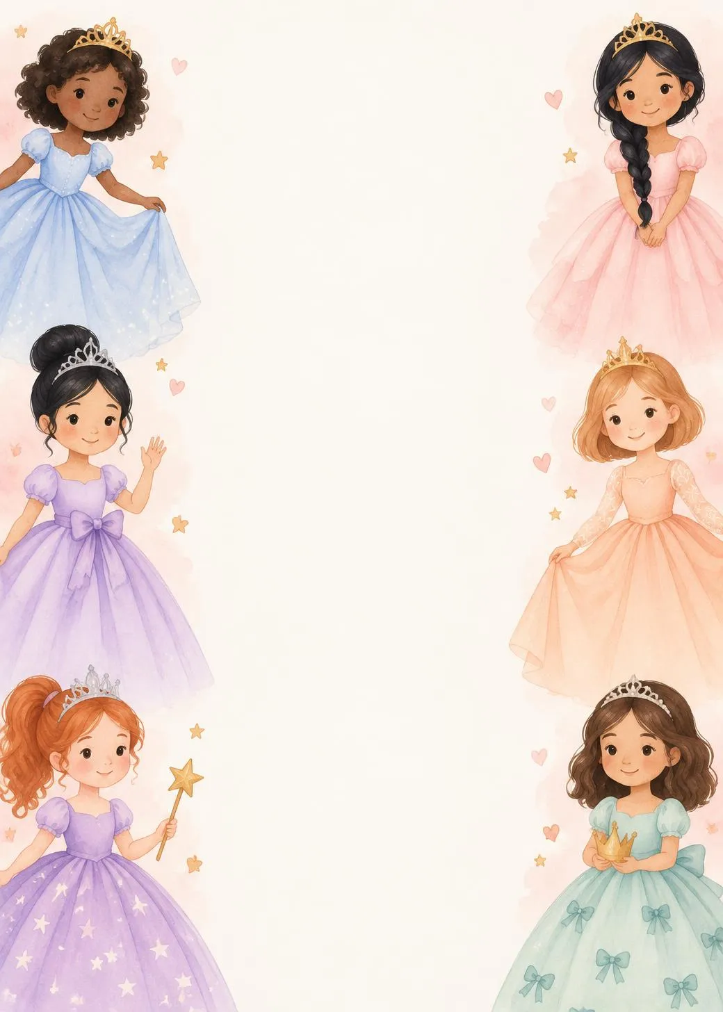 Princess birthday invitation with six watercolor princesses in pastel ball gowns down both sides, among gold stars and pink hearts