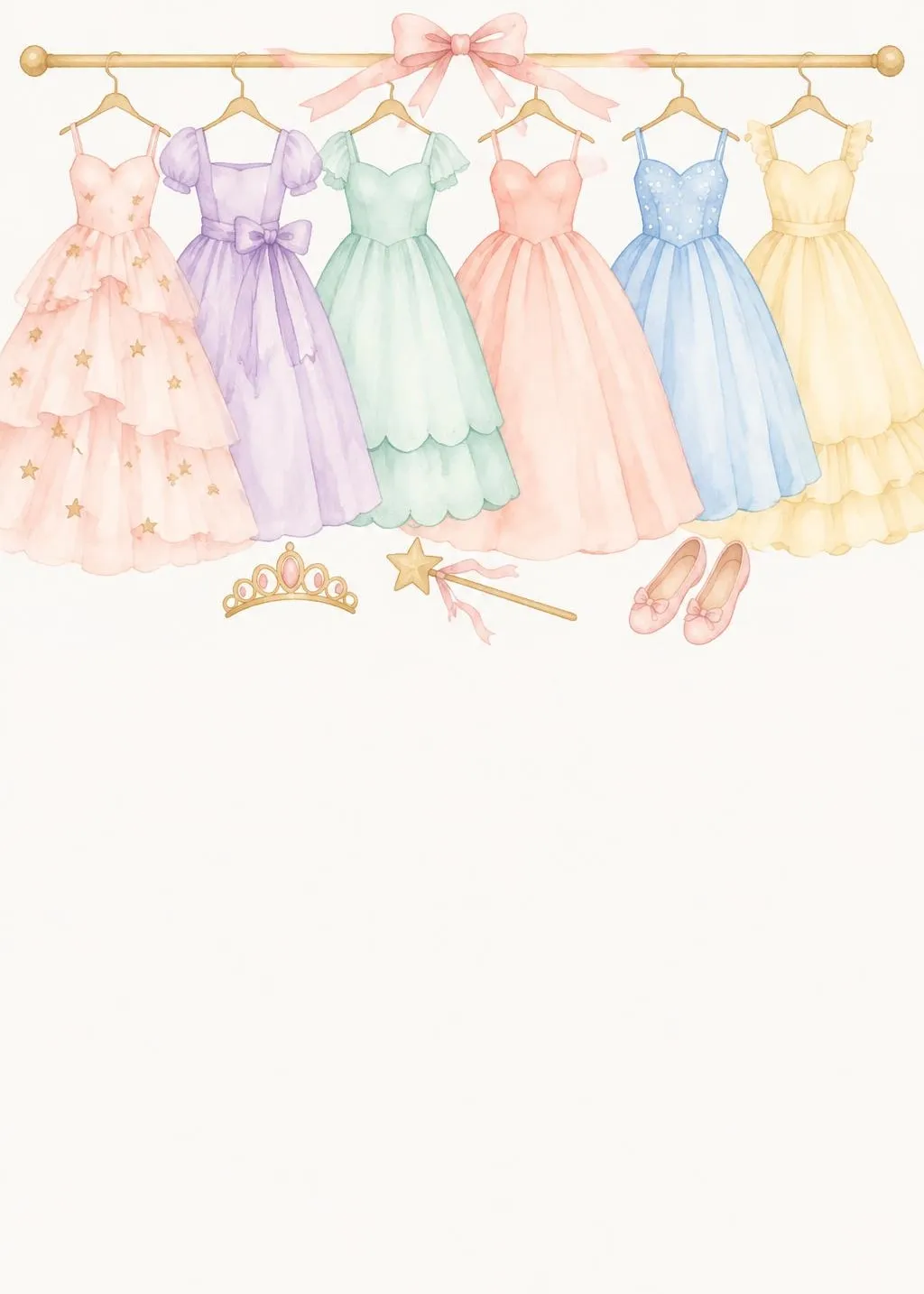 Princess birthday invitation with six pastel watercolor ball gowns on a rail, a tiara, a wand and glass slippers