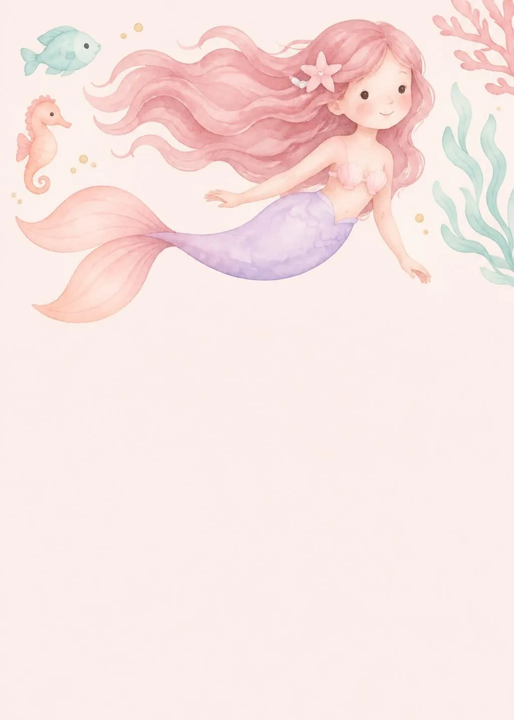 Under the sea birthday invitation with a watercolor mermaid, a seahorse, a fish, coral and seaweed on soft pink