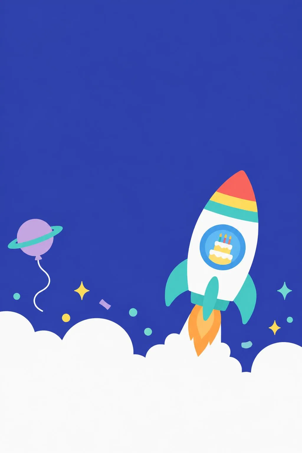 Space birthday invitation with a rainbow-striped rocket blasting off from white clouds past a planet balloon on royal blue